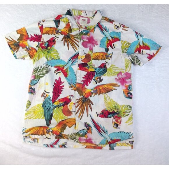Levi's Hawaiian Shirt Button Short Sleeve Tropical Mens XL Parrots Floral Aloha - Picture 1 of 8
